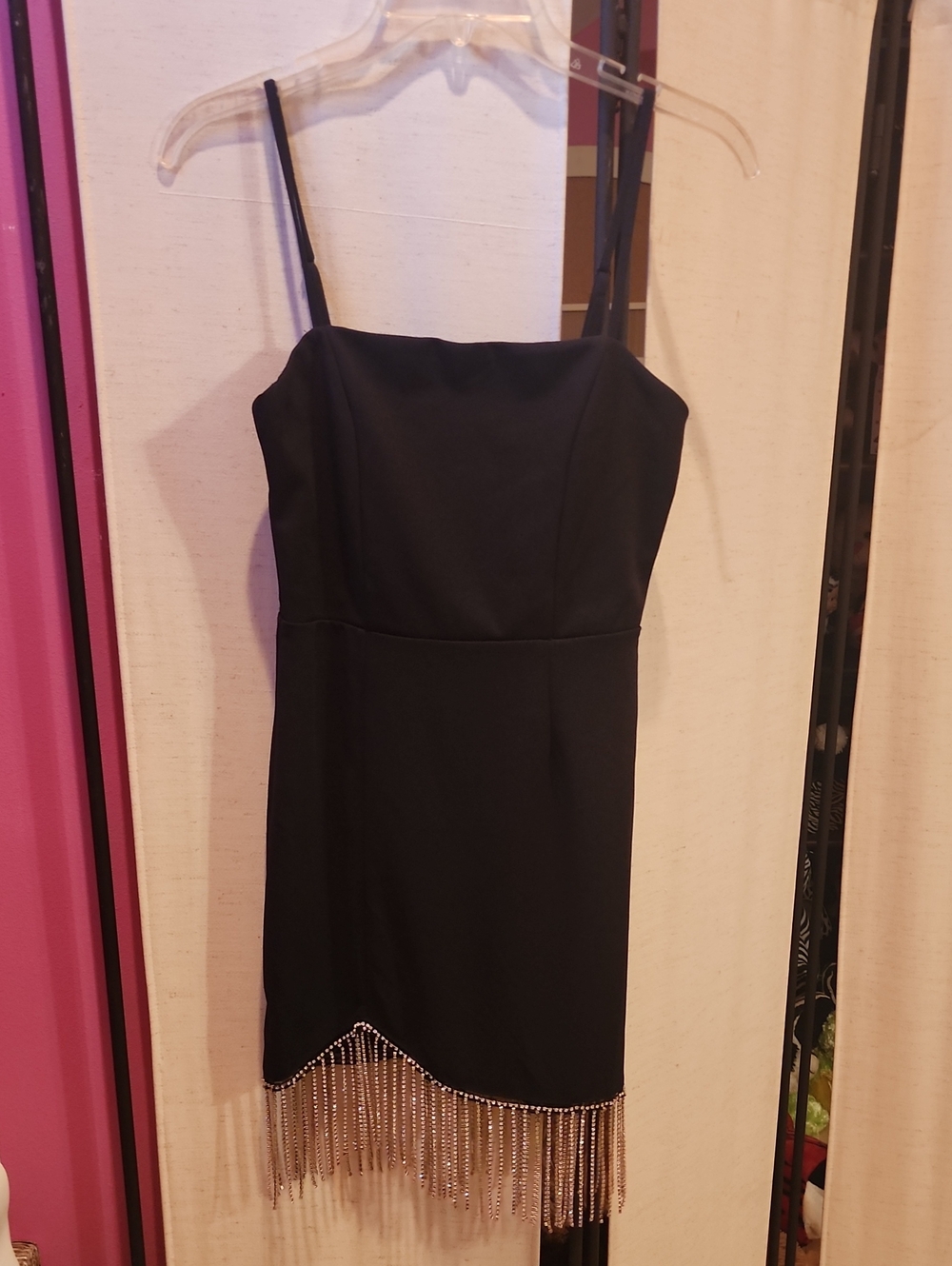Trixxi Black Spaghetti Strap Mini Dress with Rhinestone Fringe